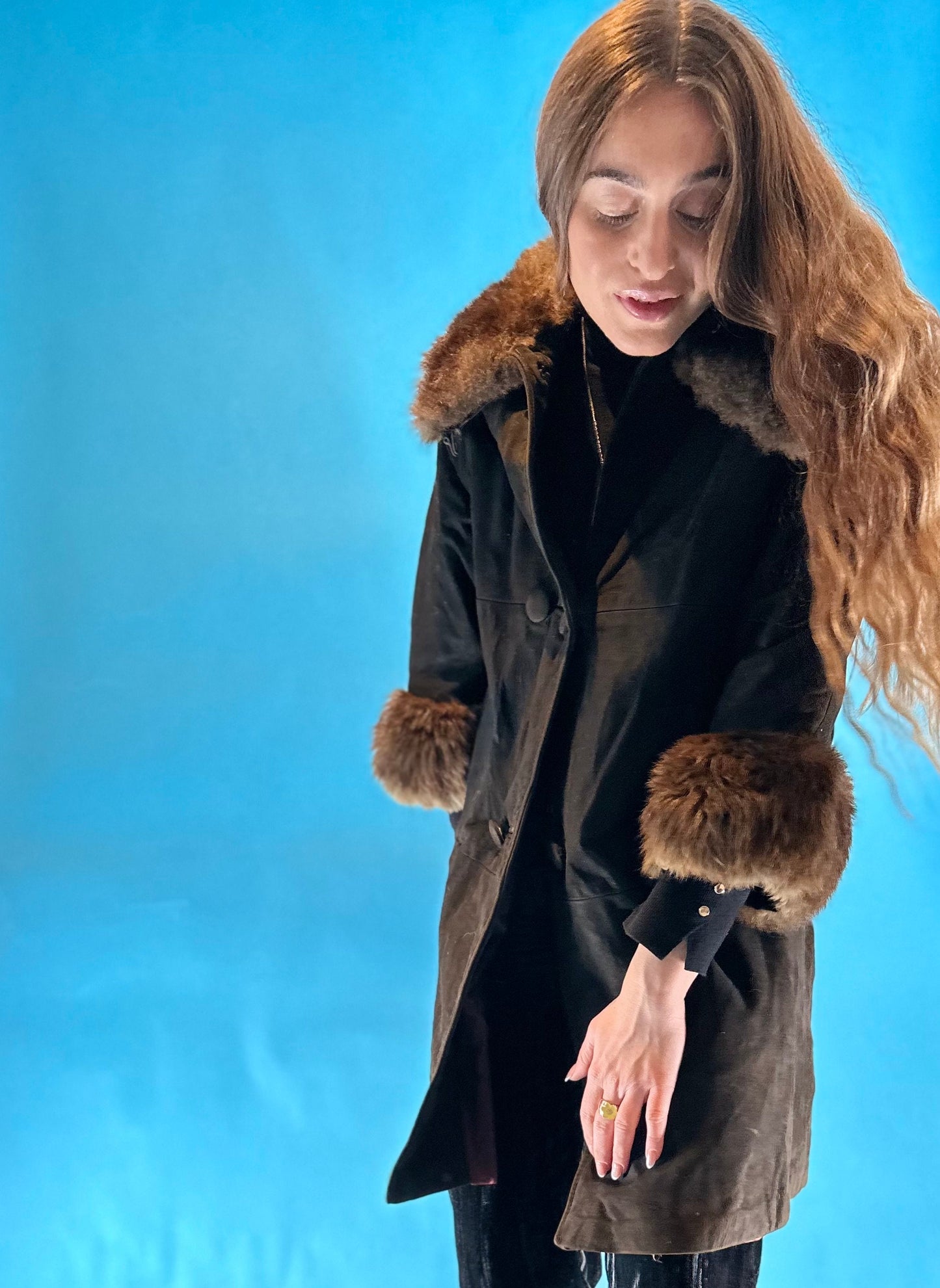 Real Fur Vintage 1970s Dark Brown Suede Leather Penny Lane Coat.