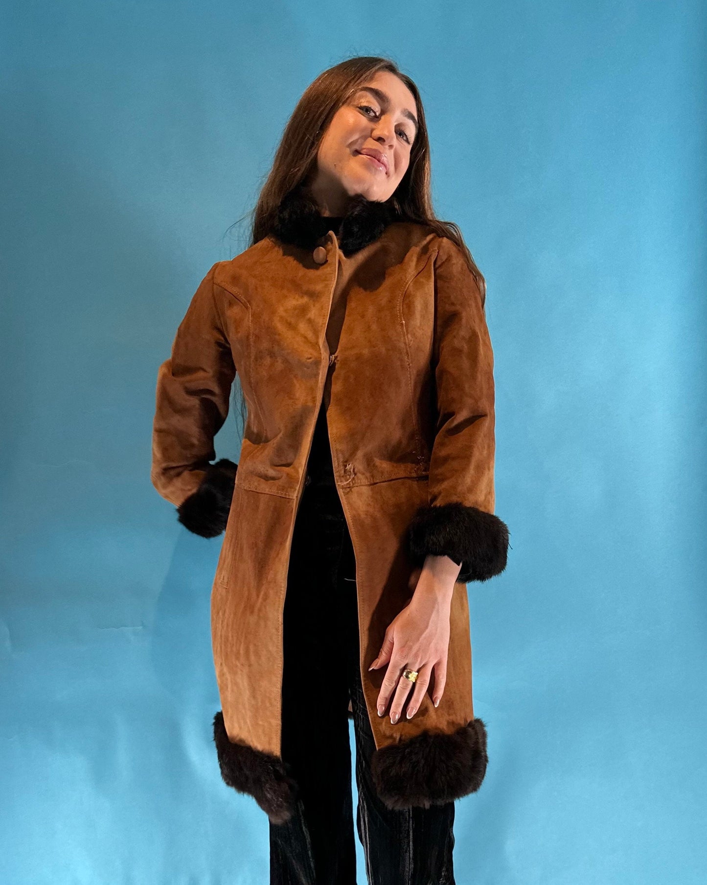 Vintage 1970s Brown Suede Real Fur Leather Penny Lane Coat.