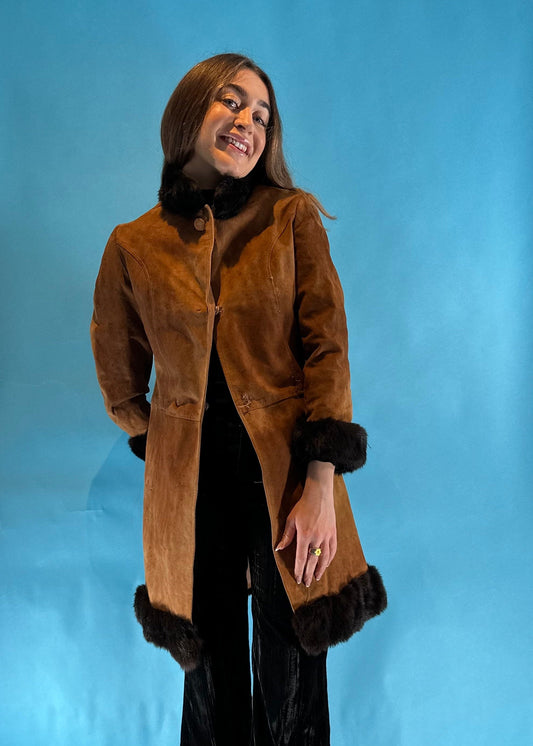 Vintage 1970s Brown Suede Real Fur Leather Penny Lane Coat.