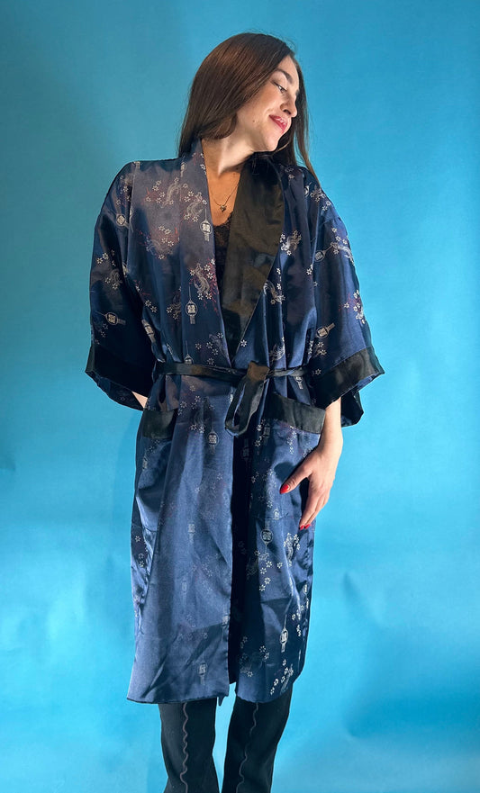 Vintage 1980s Satin Jacquard Floral and Embroidered Dragon Reversible Japanese Kimono Style Robe.
