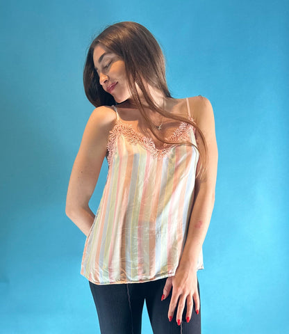 Vintage Y2K Pastel Candy Striped Cami Slip Top Pink Lace Trim.