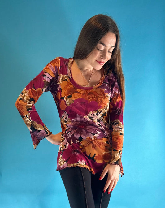 Vintage Y2K Pink Red Purple Floral Print Mesh Top Long Flounced Sleeves.