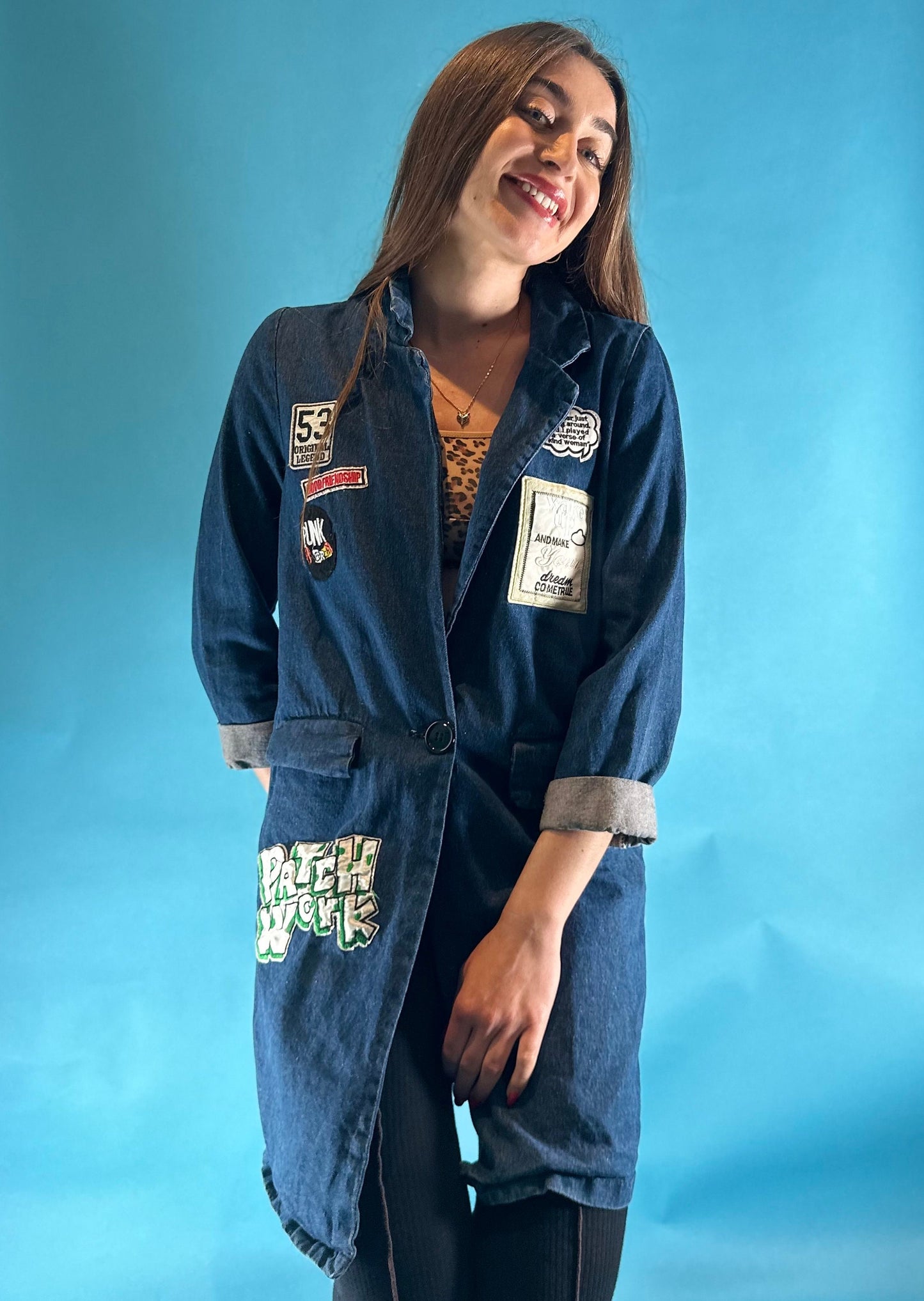 Vintage Y2K 2000s Custom Pop Art Patchwork Longline Blue Denim Lapel Jacket.