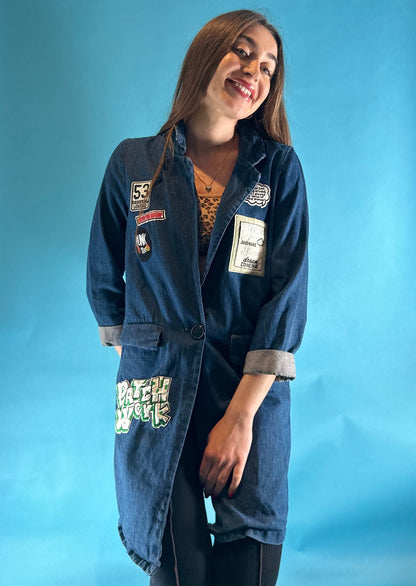 Vintage Y2K 2000s Custom Pop Art Patchwork Longline Blue Denim Lapel Jacket.