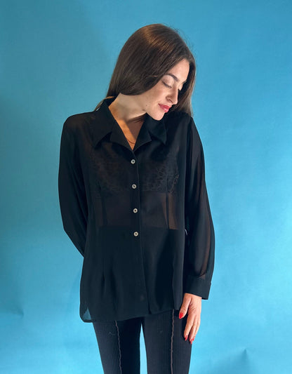 Vintage Long Sleeve Black Sheer Shirt with Shell Buttons.