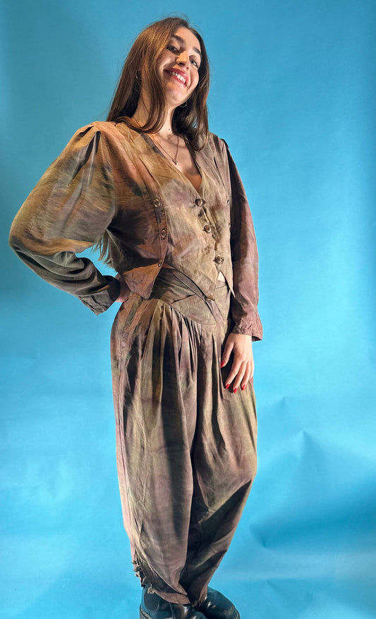 Vintage 1980s Tie Dye Style 2 Piece Blouse Trouser Set Co-ord.