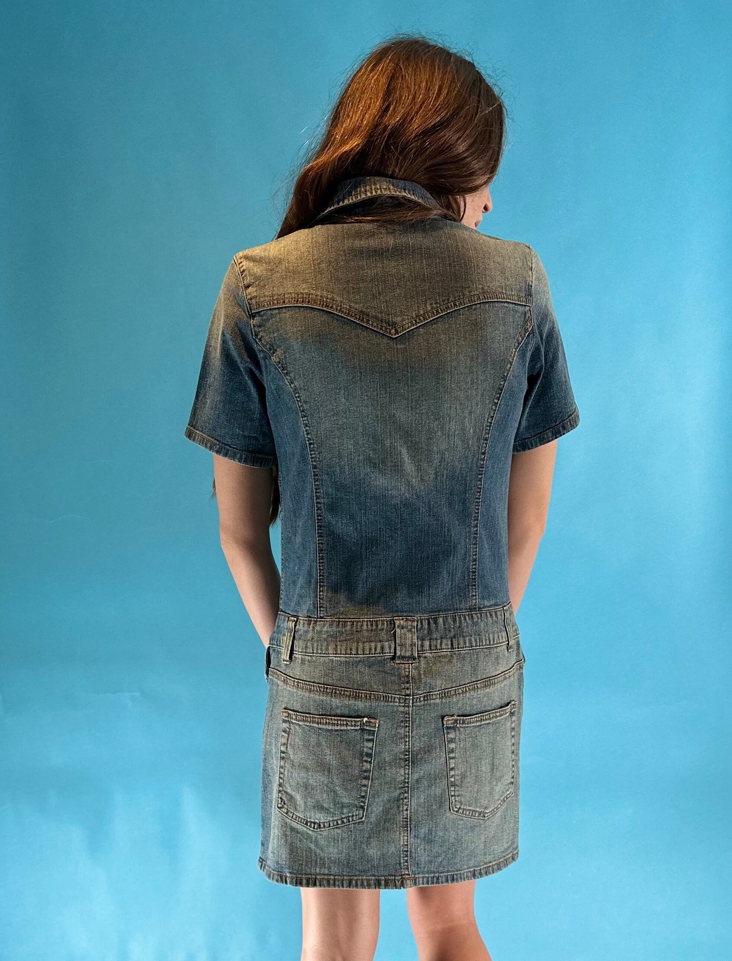 Vintage Y2K Button Down Short Sleeve Collared Washed Denim Mini Dress.