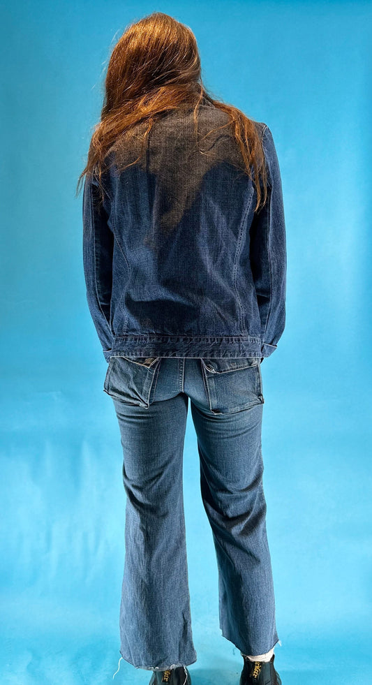 Vintage Y2K Boot Cut Flare Low Rise Washed Denim Jeans with Raw Edge Hem.