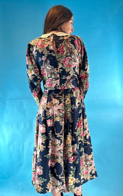 Vintage 1980s Blue Pink Baroque Floral Printed Full Sleeve Pleated Midi Dress with Lace Peter Pan Collar.
