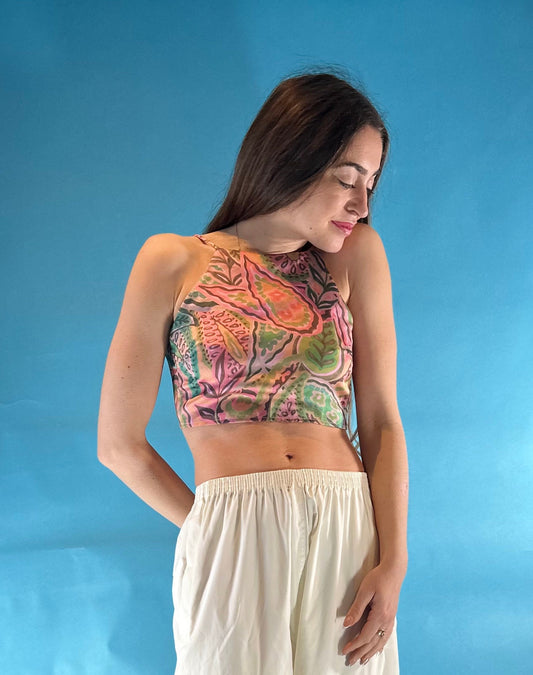 Vintage Y2K Leaf Printed Halter Neck Tie Back Crop Top.