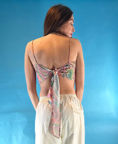 Vintage Y2K Leaf Printed Halter Neck Tie Back Crop Top.