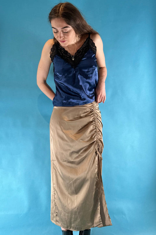 Vintage 1990s Gold Satin Ruched Slit Midi/Maxi Skirt.
