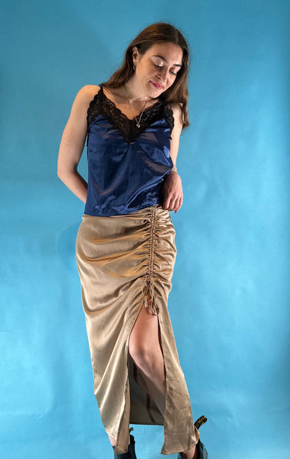 Vintage 1990s Gold Satin Ruched Slit Midi/Maxi Skirt.