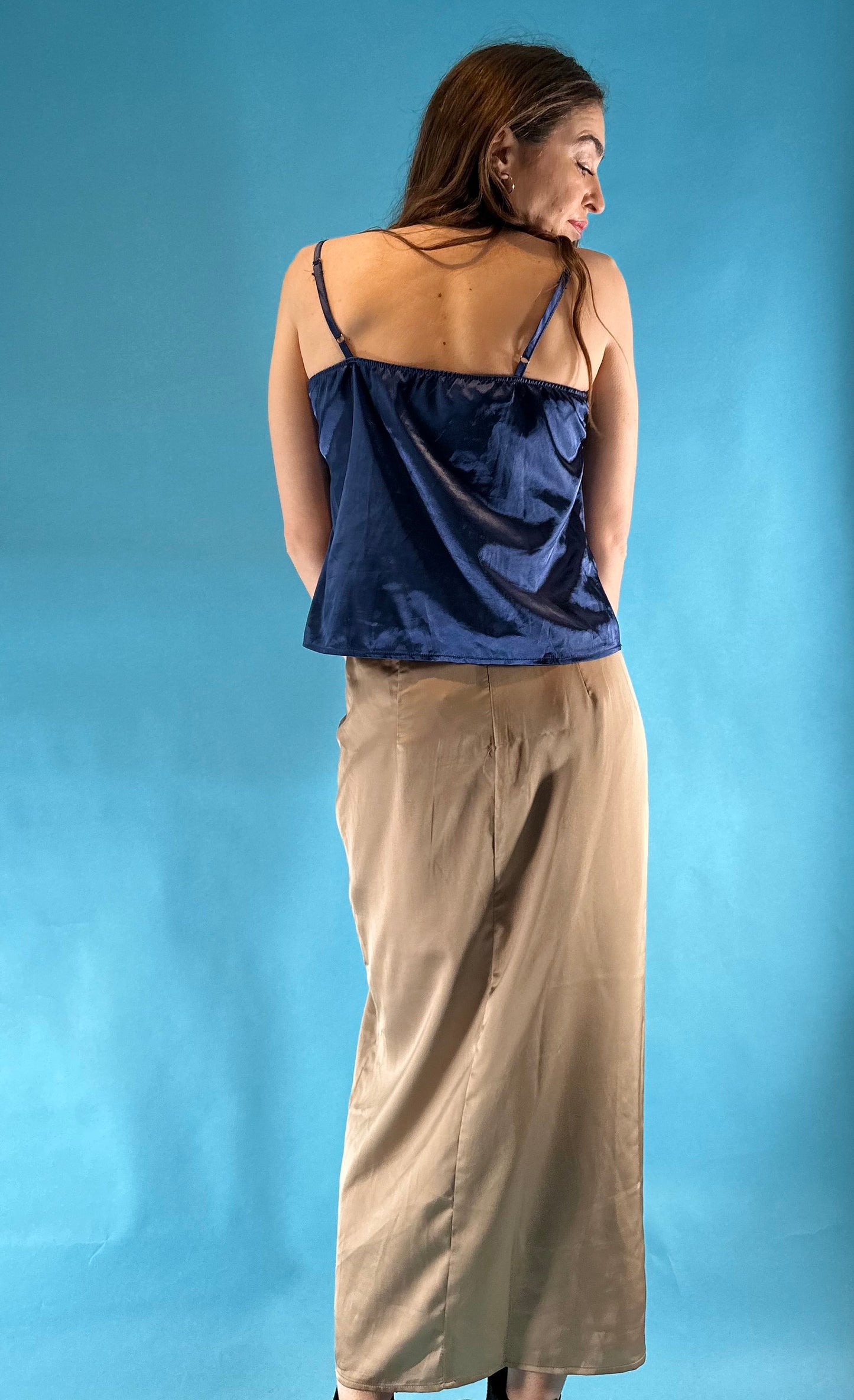 Vintage 1990s Gold Satin Ruched Slit Midi/Maxi Skirt.
