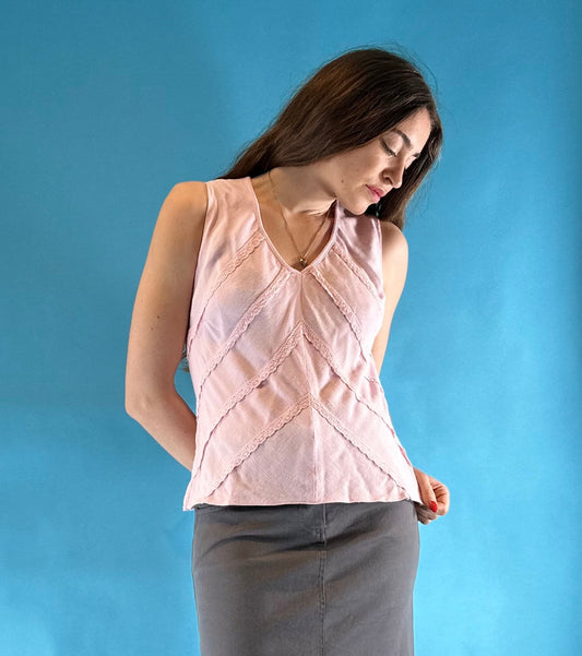 Vintage Y2K Baby Pink V Neck Top with Frill Chevron Details.