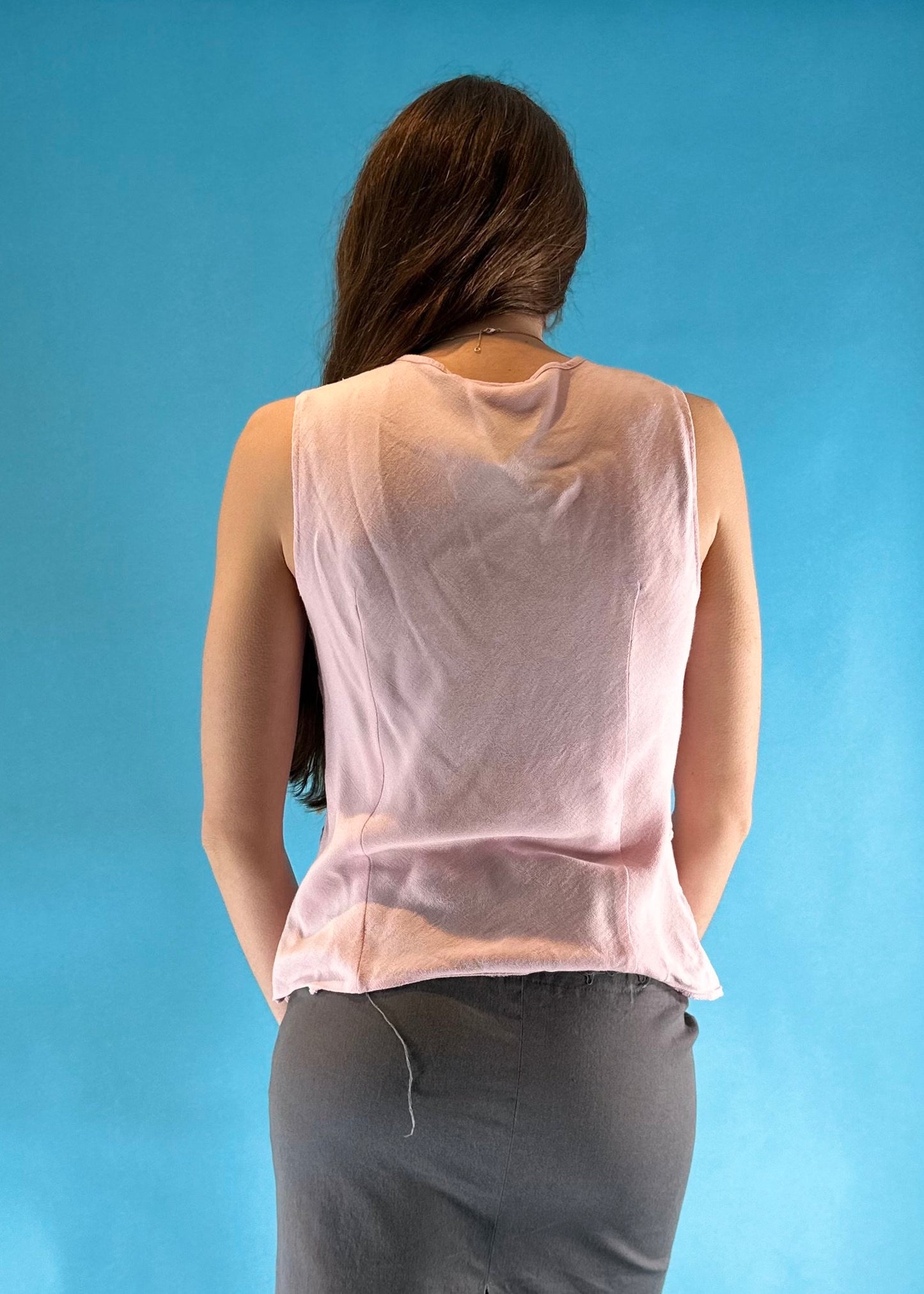 Vintage Y2K Baby Pink V Neck Top with Frill Chevron Details.