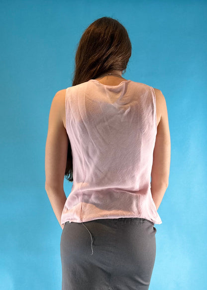 Vintage Y2K Baby Pink V Neck Top with Frill Chevron Details.