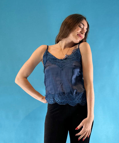 Vintage Y2K Navy Blue Satin Cami Slip Top with Lace Trim.