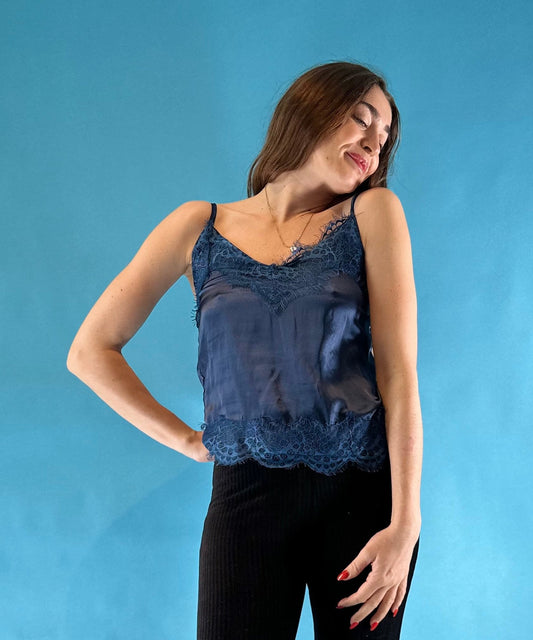 Vintage Y2K Navy Blue Satin Cami Slip Top with Lace Trim.