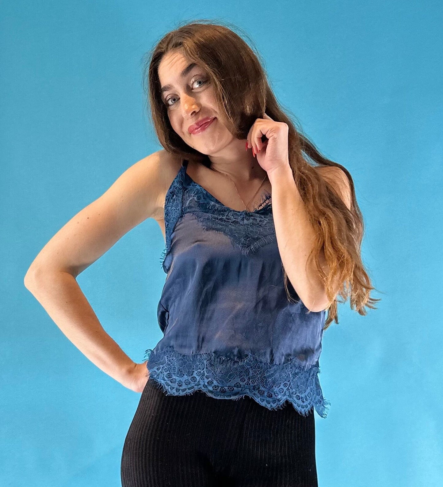 Vintage Y2K Navy Blue Satin Cami Slip Top with Lace Trim.
