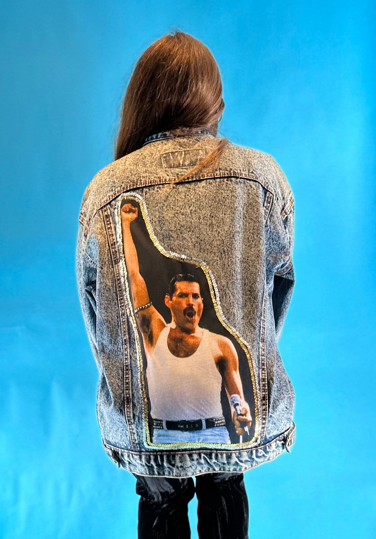 Reworked Custom Applique Sequin Vintage 1990s Washed Blue Denim Freddie Mercury Denim Jacket.