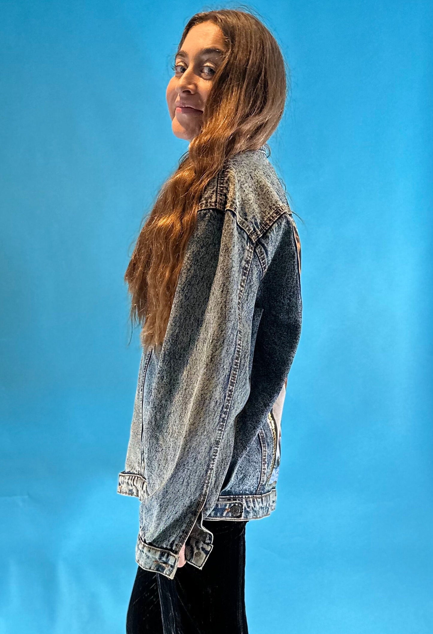 Reworked Custom Applique Sequin Vintage 1990s Washed Blue Denim Freddie Mercury Denim Jacket.