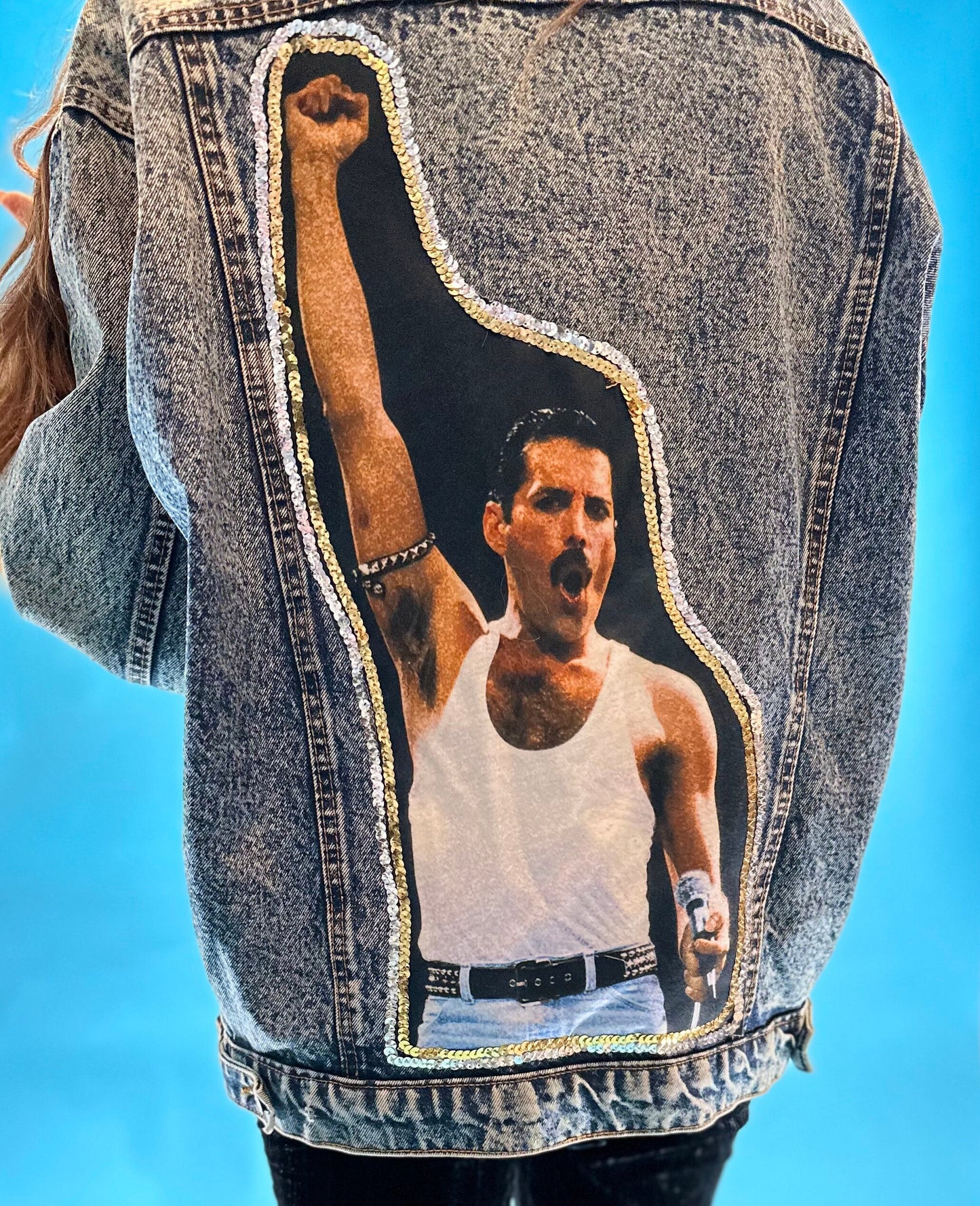 Reworked Custom Applique Sequin Vintage 1990s Washed Blue Denim Freddie Mercury Denim Jacket.
