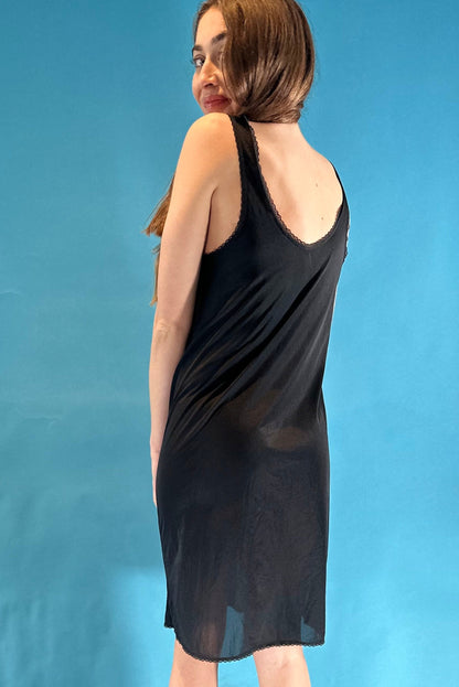 Vintage Y2K Black Slip Dress with Lace Trim.