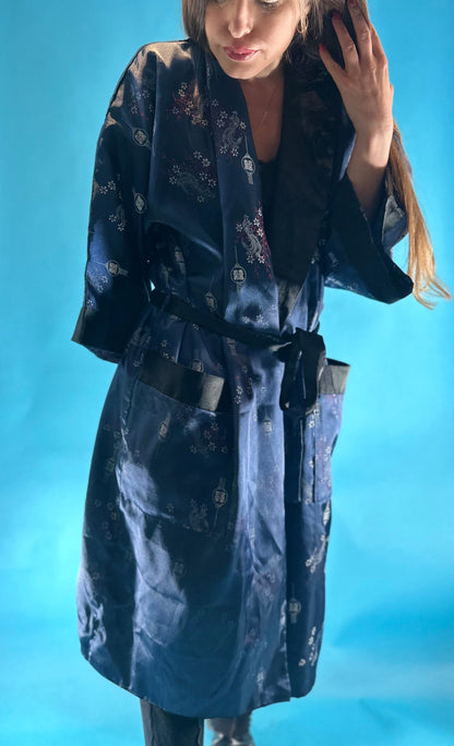 Vintage 1980s Satin Jacquard Floral and Embroidered Dragon Reversible Japanese Kimono Style Robe.