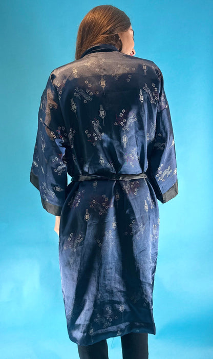 Vintage 1980s Satin Jacquard Floral and Embroidered Dragon Reversible Japanese Kimono Style Robe.