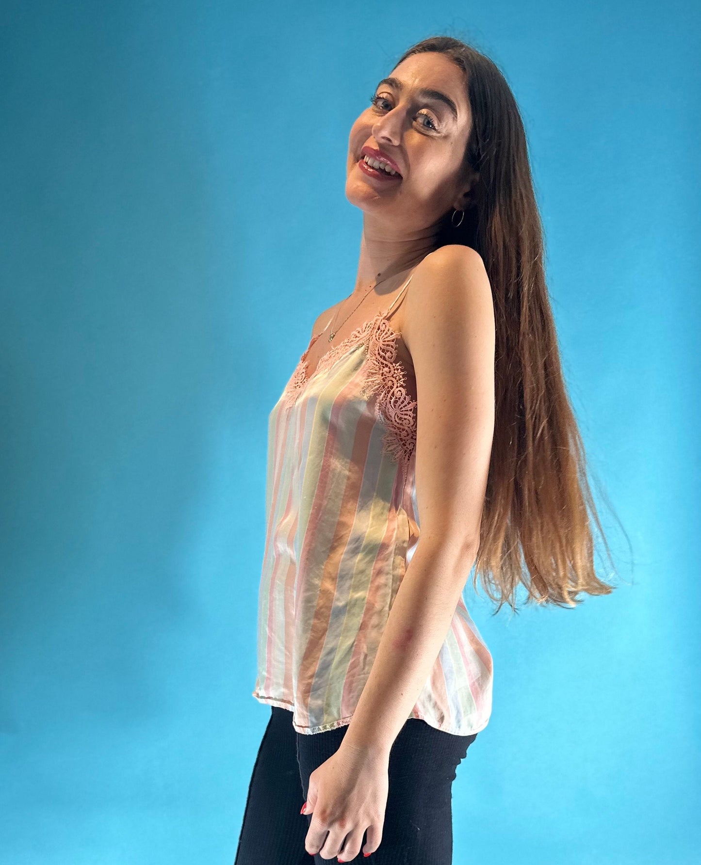 Vintage Y2K Pastel Candy Striped Cami Slip Top Pink Lace Trim.