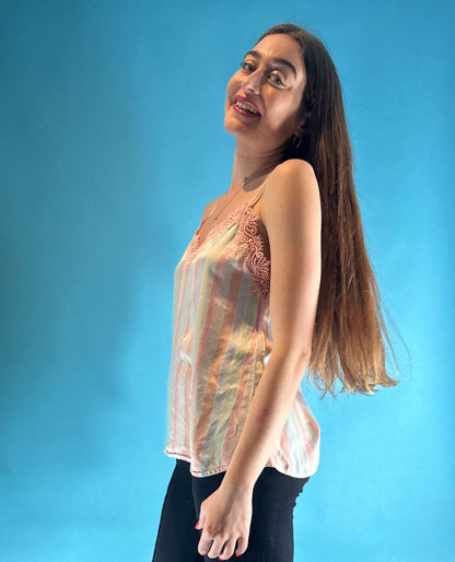 Vintage Y2K Pastel Candy Striped Cami Slip Top Pink Lace Trim.
