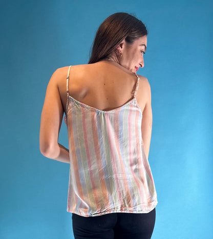 Vintage Y2K Pastel Candy Striped Cami Slip Top Pink Lace Trim.
