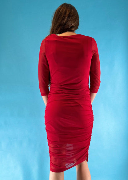 Vintage 1990s Ruched Bodycon Knee Length 3/4 Sleeve Red Evening Dress.