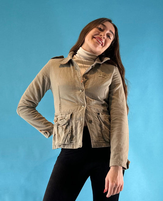Vintage Y2K 2000s Khaki Denim Cropped Jacket with Frill Embroidery Details.