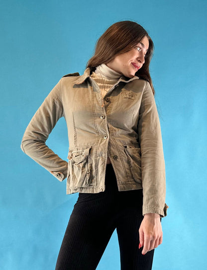 Vintage Y2K 2000s Khaki Denim Cropped Jacket with Frill Embroidery Details.