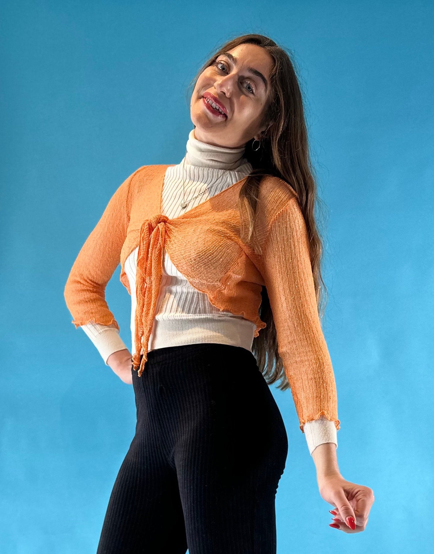 Vintage Y2K 2000s Orange Cropped Crochet Tie Up Cardigan Bolero with 3/4 Length Sleeves.