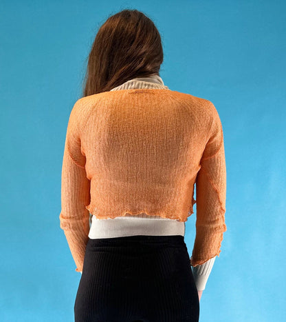 Vintage Y2K 2000s Orange Cropped Crochet Tie Up Cardigan Bolero with 3/4 Length Sleeves.
