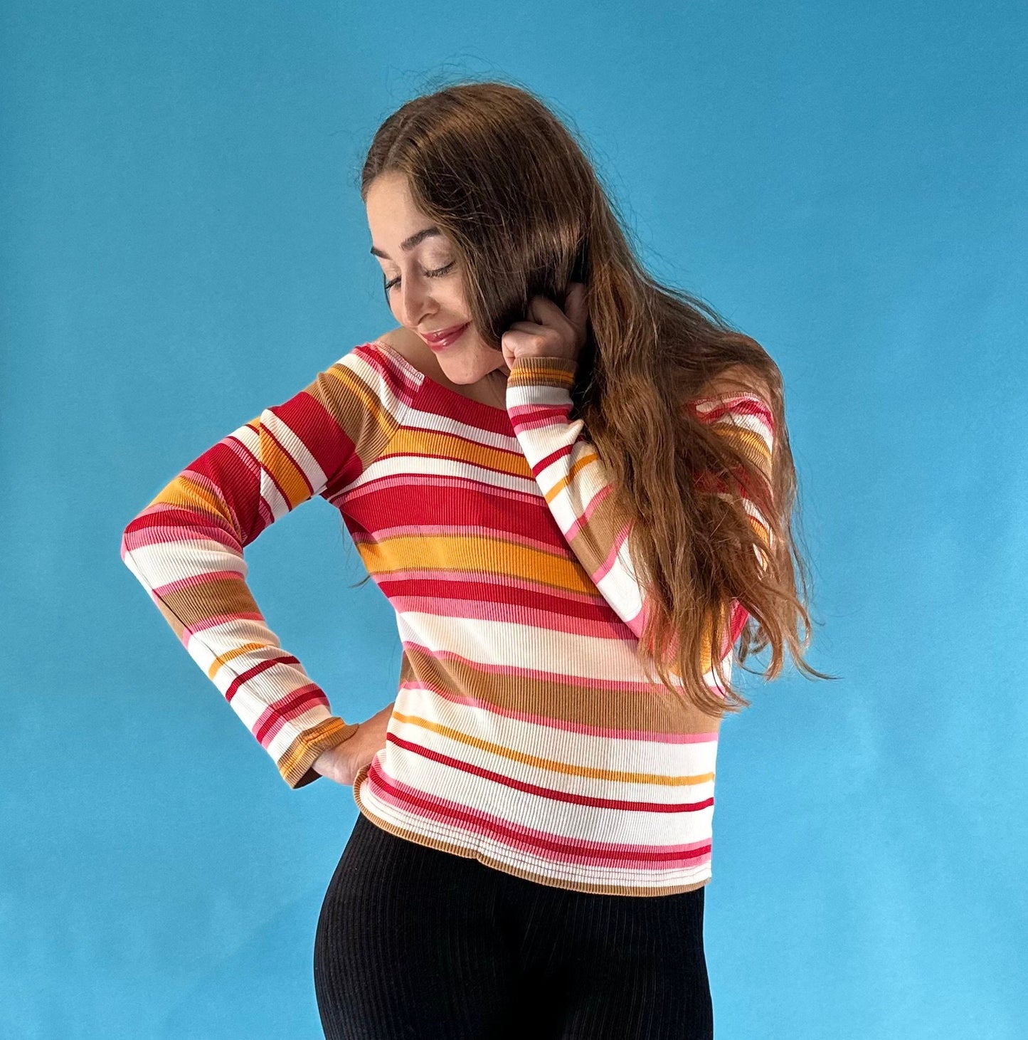 Vintage Y2K 2000s Off The Shoulder Red White Ribbed Long Sleeve Striped Top.