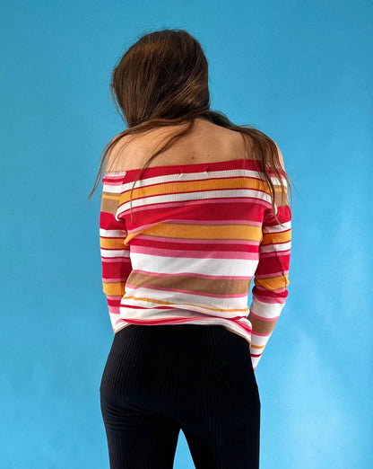 Vintage Y2K 2000s Off The Shoulder Red White Ribbed Long Sleeve Striped Top.