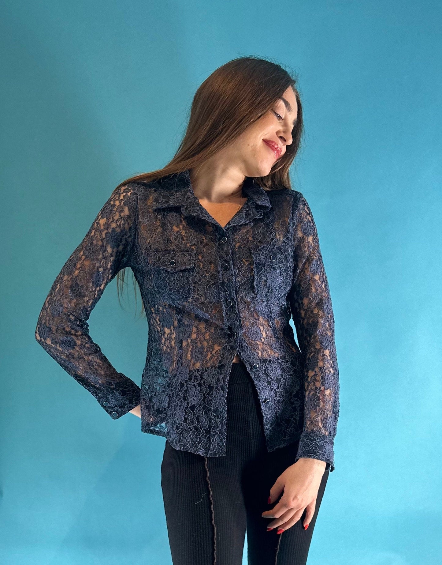 Vintage Y2K Navy Blue Floral Lace Button Down Pocket Long Sleeve Shirt.