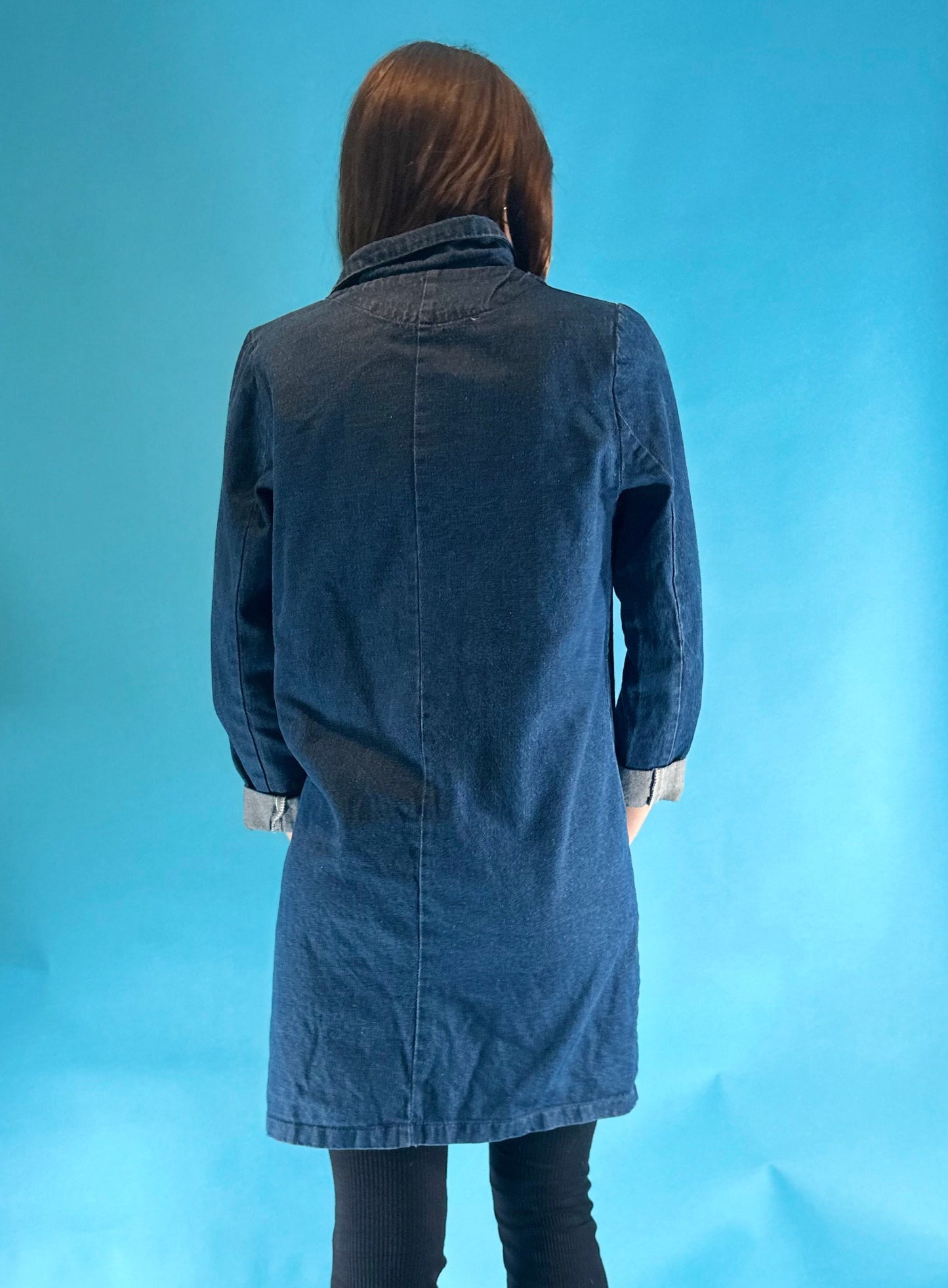 Vintage Y2K 2000s Custom Pop Art Patchwork Longline Blue Denim Lapel Jacket.