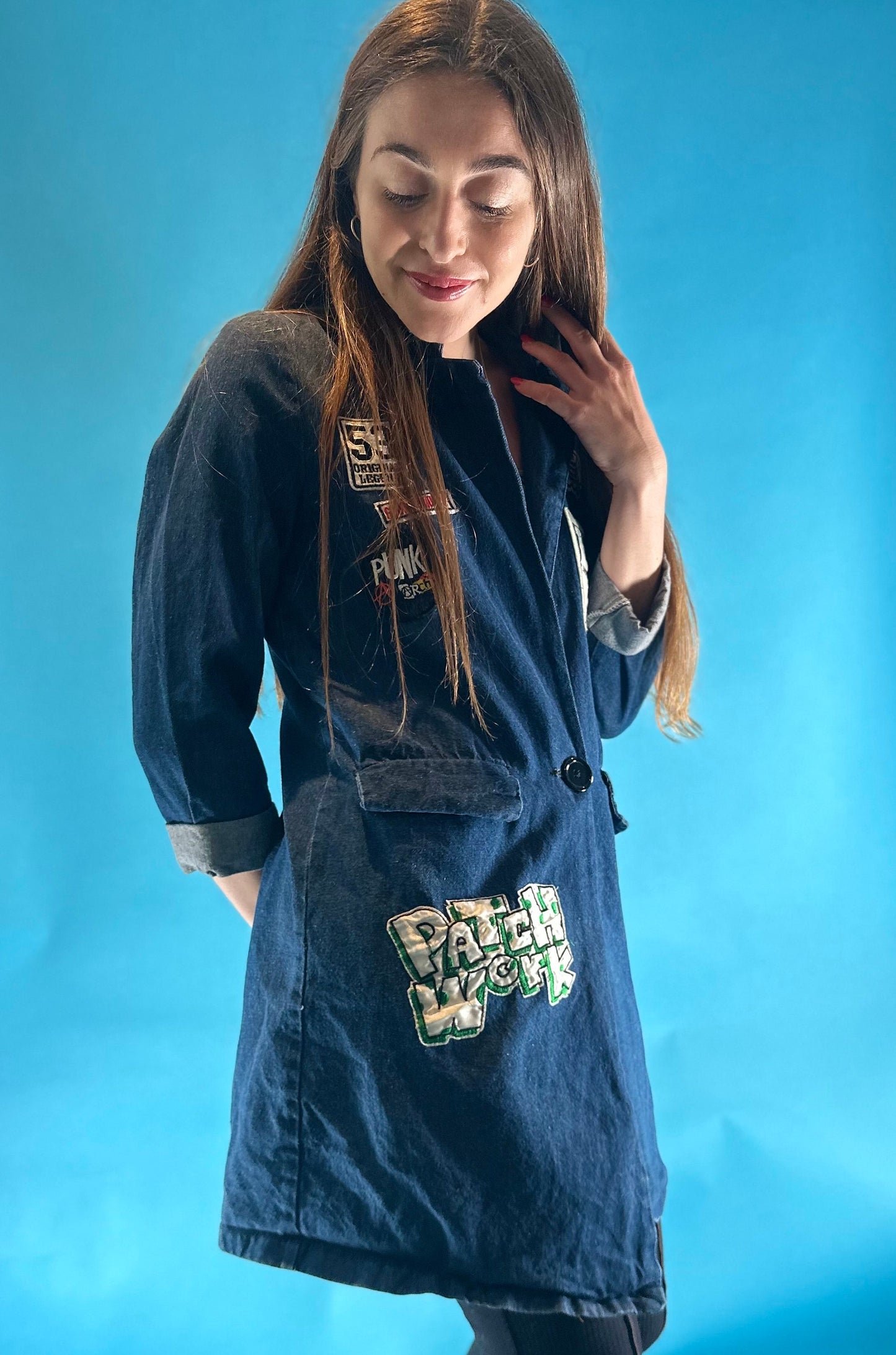 Vintage Y2K 2000s Custom Pop Art Patchwork Longline Blue Denim Lapel Jacket.