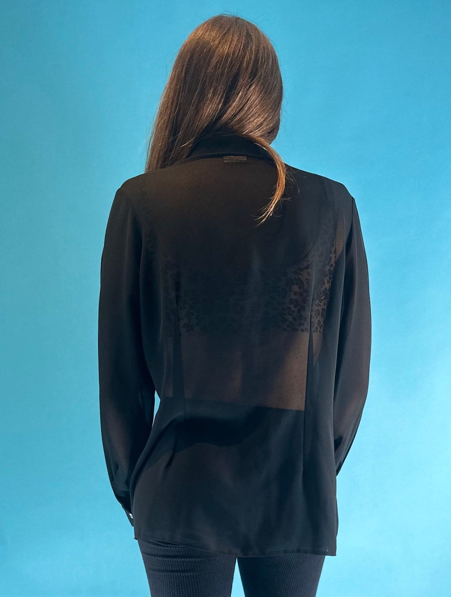 Vintage Long Sleeve Black Sheer Shirt with Shell Buttons.