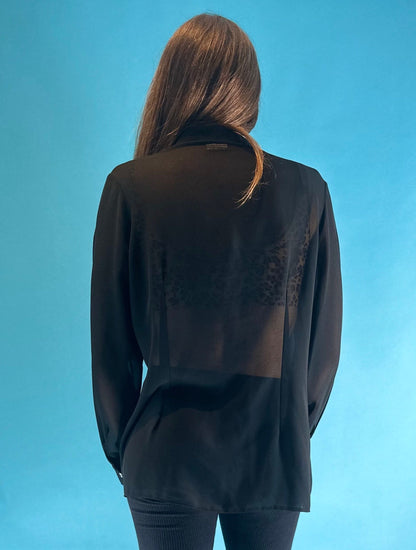 Vintage Long Sleeve Black Sheer Shirt with Shell Buttons.