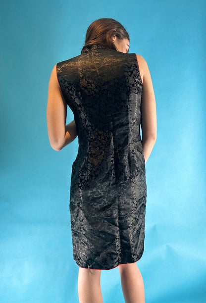 Vintage 1990s Black Satin Jacquard Chinese Style Mid Length Sleeveless Dress.