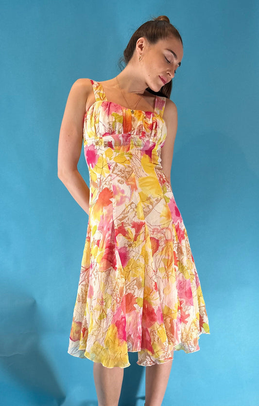 Vintage 1980s Yellow Pink Floral Abstract Dress Waterfall Skirt.