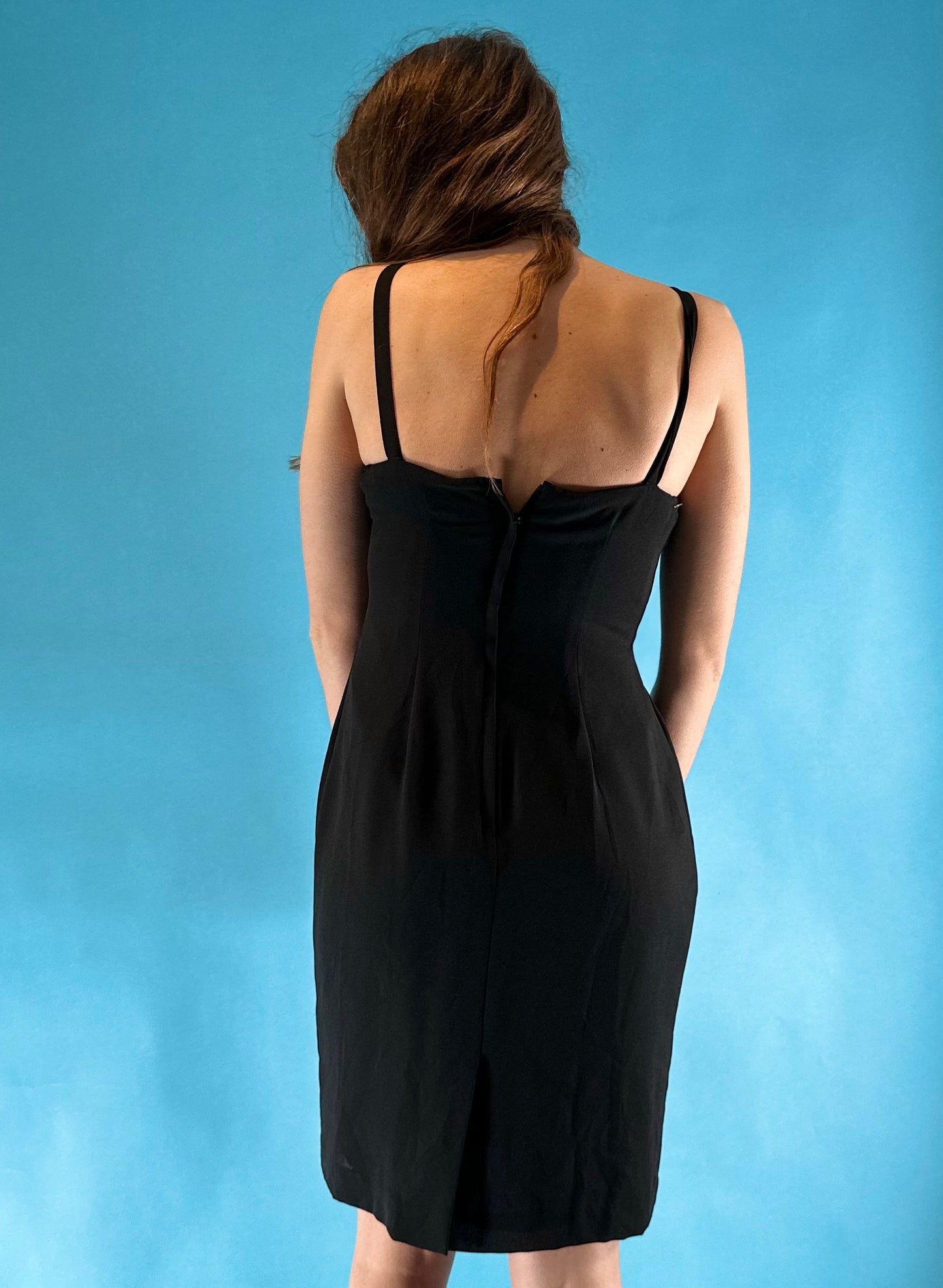 Vintage 1980s Embellished Pencil Tulip Bodice Black Mid Length Dress.