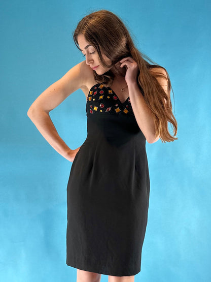 Vintage 1980s Embellished Pencil Tulip Bodice Black Mid Length Dress.