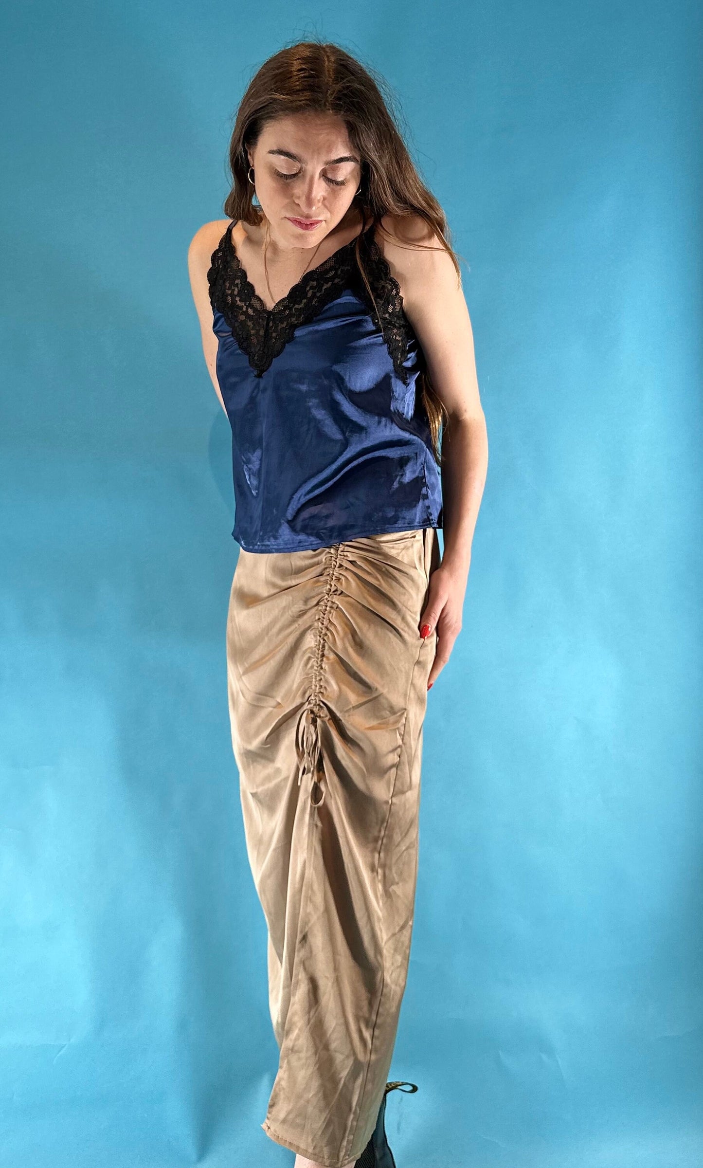 Vintage 1990s Gold Satin Ruched Slit Midi/Maxi Skirt.